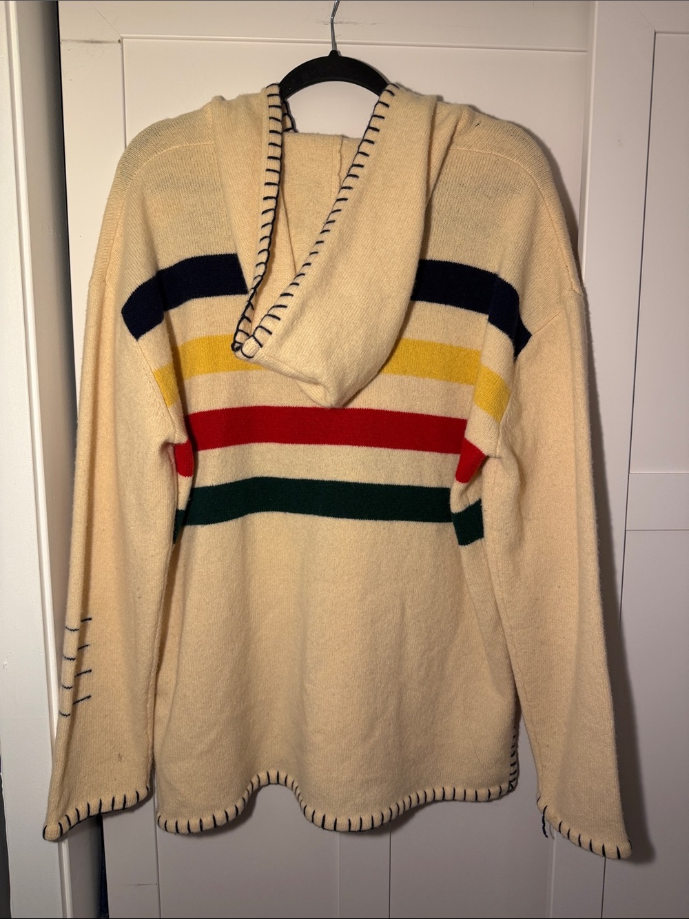 Ralph Lauren 100% Lambswool Cream Hooded Half-Zip Sweater with Multi Stripes - Picture 2 of 7